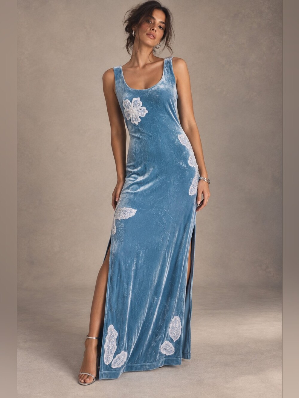 Vintage Blue Velvet Maxi Dress with Beaded Sequin Appliqués | Y2K Evening Dress